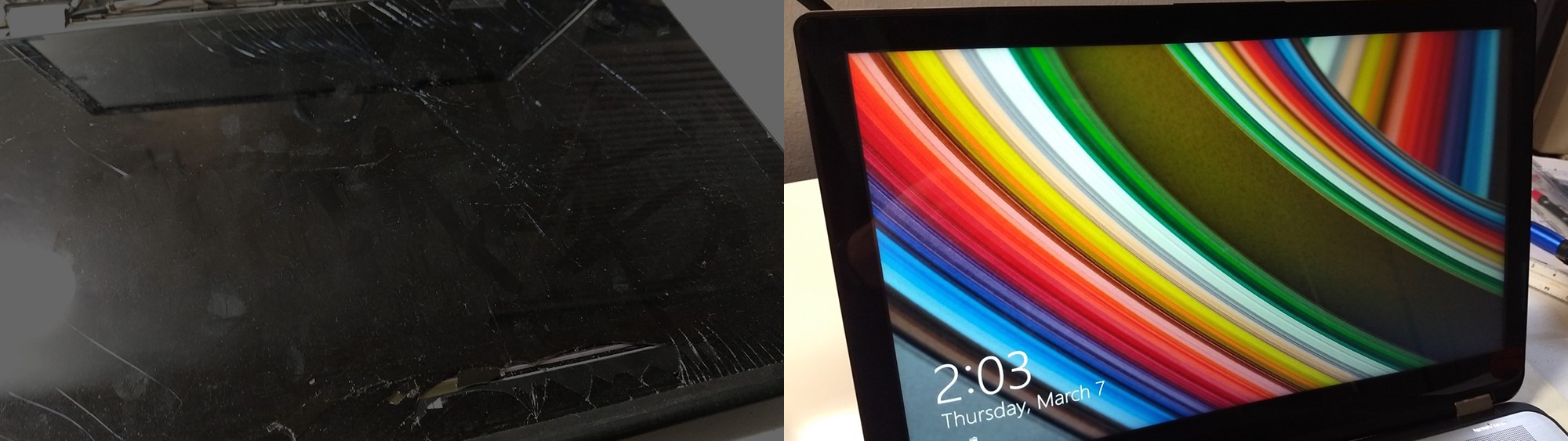 split image, left is a broken laptop screen that is heavily damaged, right is a repaired screen showing a brilliant color background