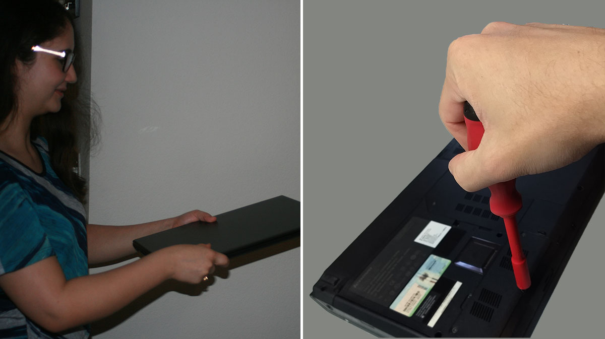 Two shots on the left and right, left showing a woman handing over a laptop to be worked on, right showing a hand holding a screwdriver and opening a compartment on the back