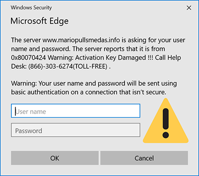 Fake microsoft pop-up window claiming that Windows activation is damaged